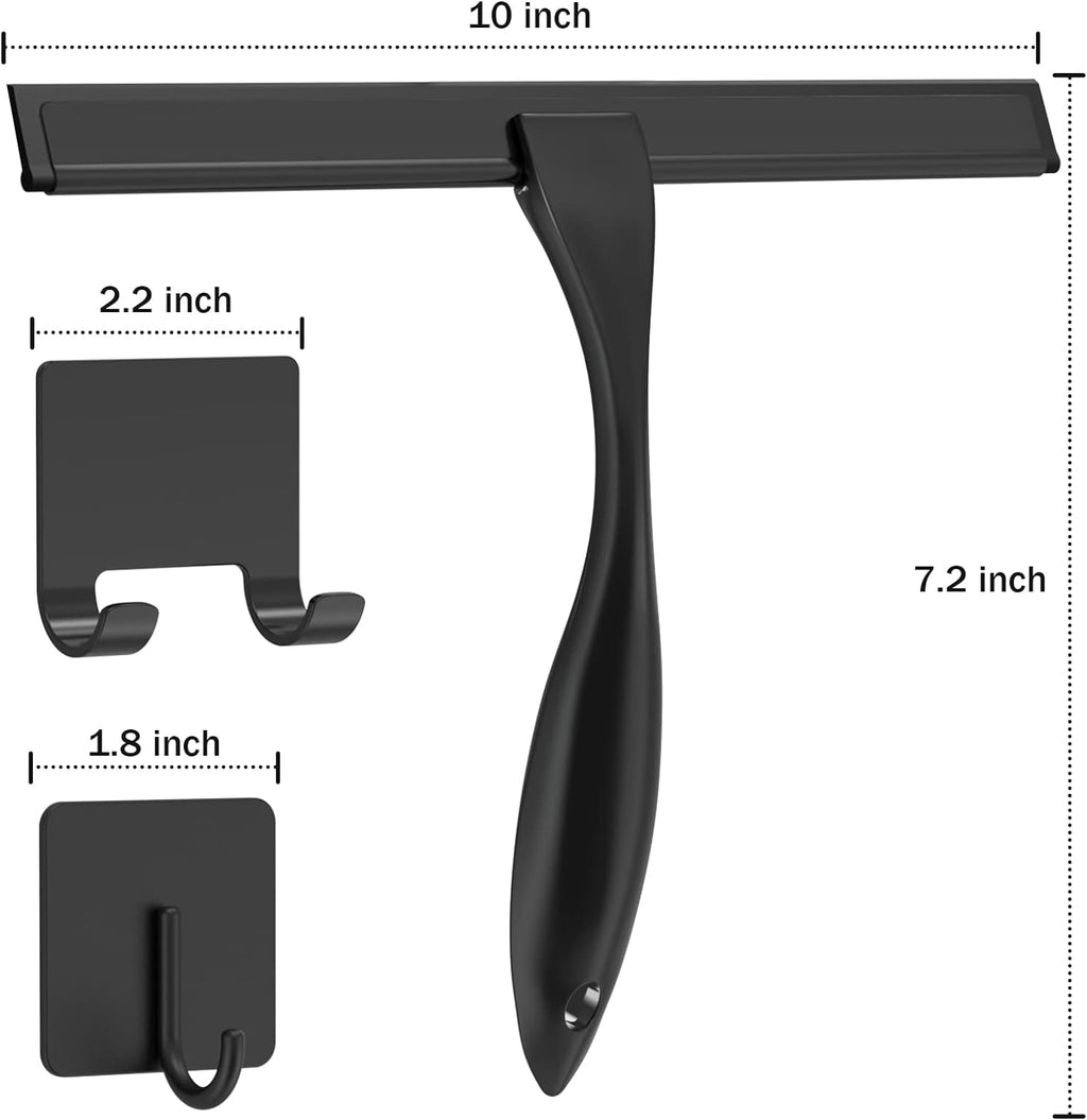 Stainless Steel Shower Squeegee for Shower Doors with 2 Adhesive Hooks, Bathroom Cleaner Tool Household Window Mirror Squeegee for Home Cleaning, Glass Door, Tile Wall, Car, 10 Inch Black