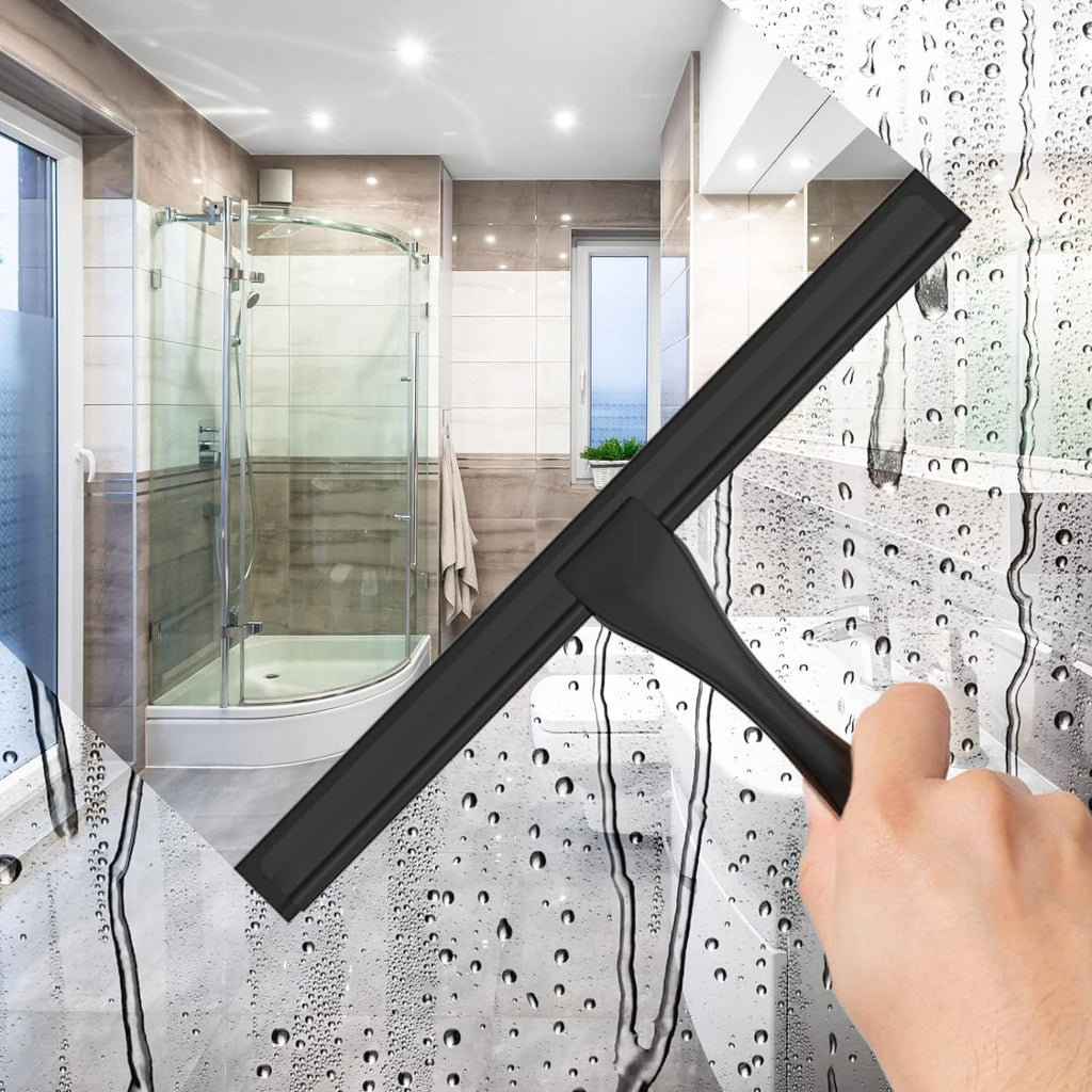 Stainless Steel Shower Squeegee for Shower Doors with 2 Adhesive Hooks, Bathroom Cleaner Tool Household Window Mirror Squeegee for Home Cleaning, Glass Door, Tile Wall, Car, 10 Inch Black