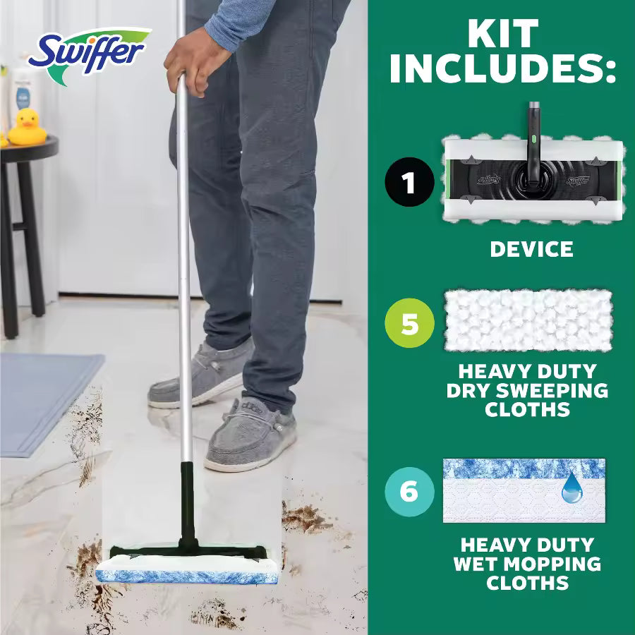 Swiffer Sweep and Mop Deluxe, 2-in-1 Floor Mopping and Sweeping Kit, 1 Device, 5 Sweep Refills, 6 Mop Refills