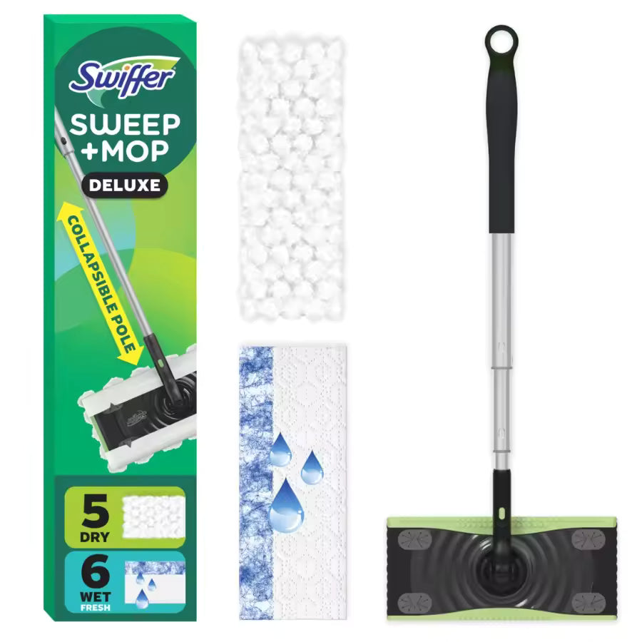 Swiffer Sweep and Mop Deluxe, 2-in-1 Floor Mopping and Sweeping Kit, 1 Device, 5 Sweep Refills, 6 Mop Refills